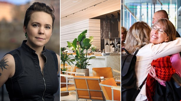 Till vänster: Sara Lövestam, en av talarna på stämman 2024, I mitten: Nordic Light Hotel, där stämman hålls. Till höger: kära återseenden på förra årets stämma. Foto Sara Lövestam: Stefan Tell.