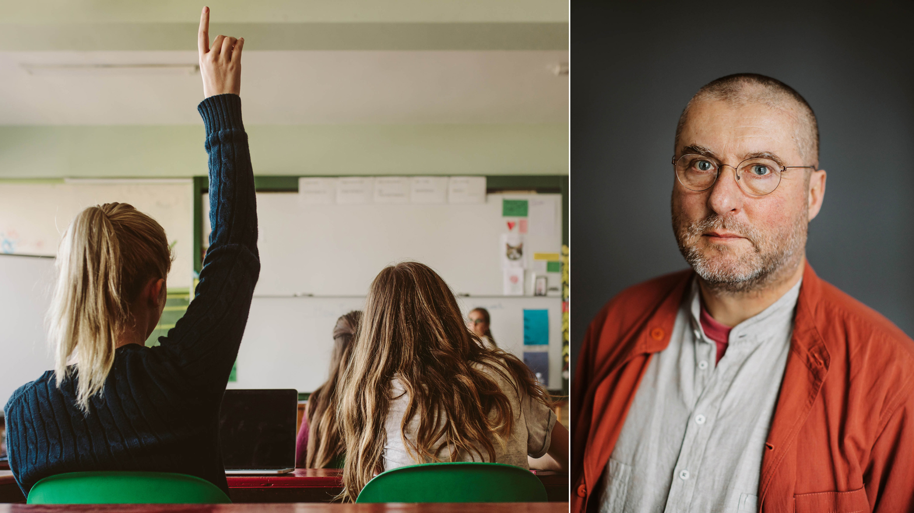 Klassrum med elev som räcker upp handen foto Istock. Porträtt av Per Kornhall, foto Kajsa Göransson